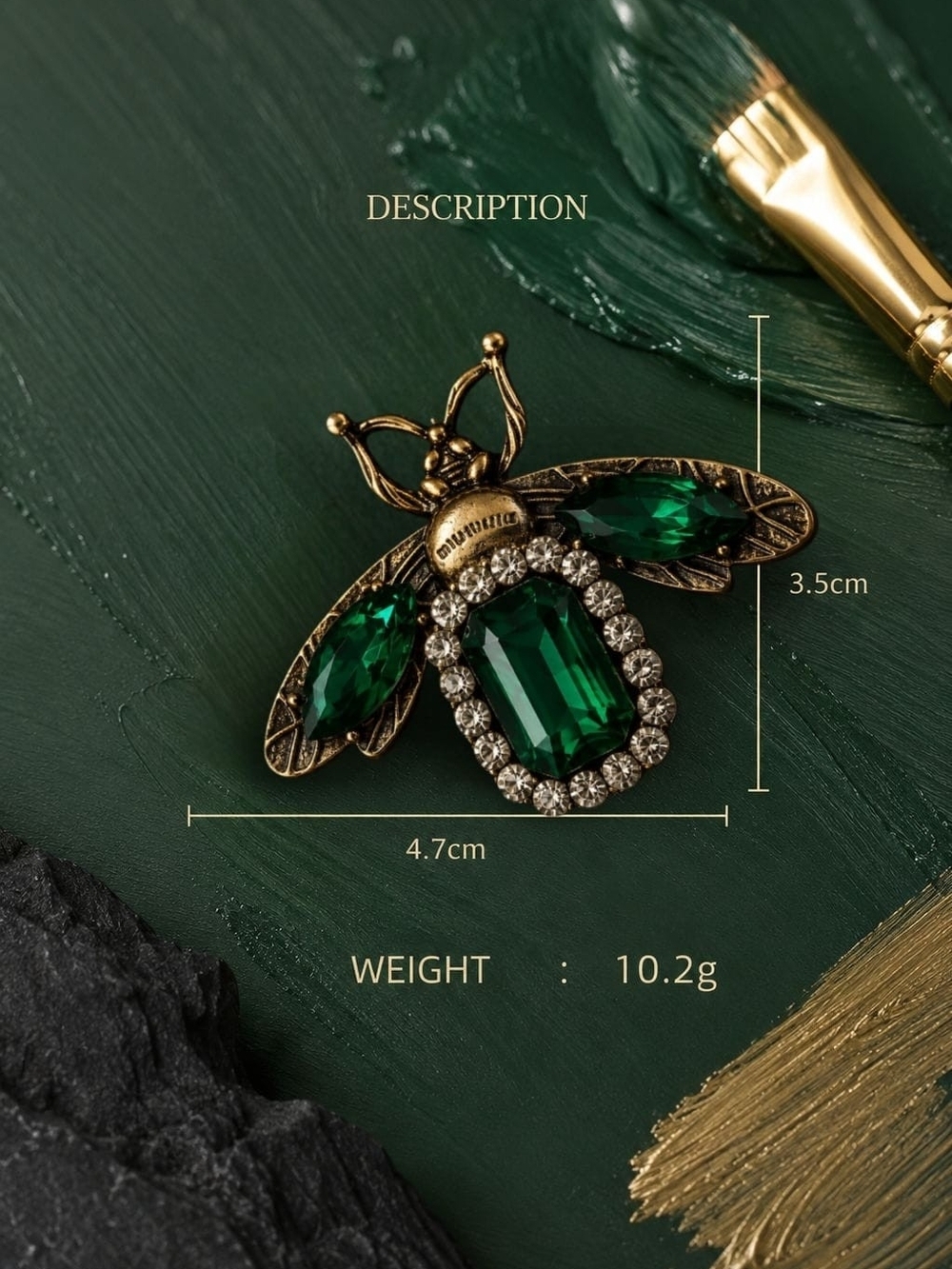 Gold Bee Brooch with Emerald Green Stones - Picture 2 of 8